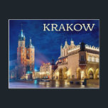 Cracovie, Pologne Carte postale<br><div class="desc">Cette carte postale polonaise représente Rynek Glowny (Carré central) de Cracovie lors d'une belle nuit.</div>