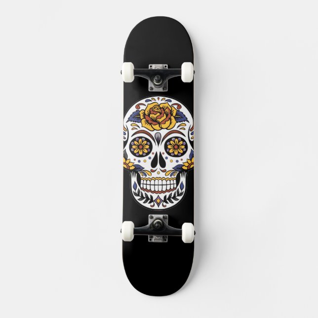 Crâne à sucre rose jaune sur skateboard noir (Recto)