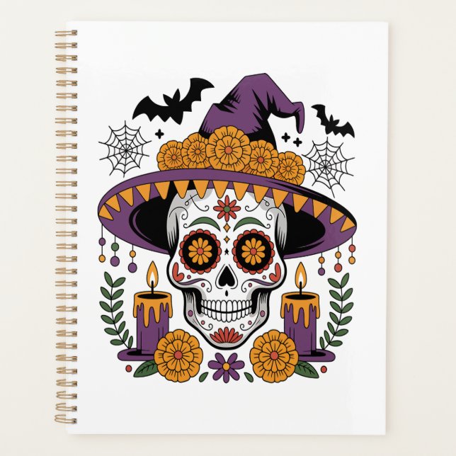 Crâne avec chapeau de sorcière vecteur Halloween (Devant)