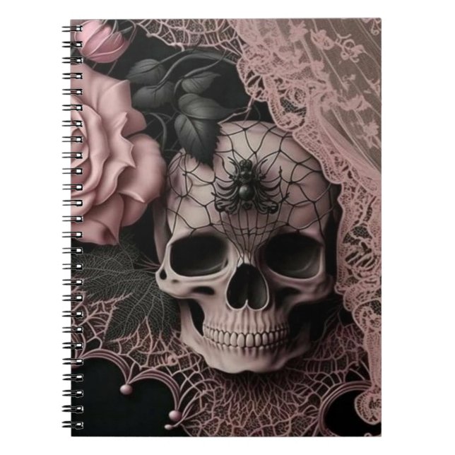 Crâne avec dentelle rose et Carnet de fleurs rose  (Devant)