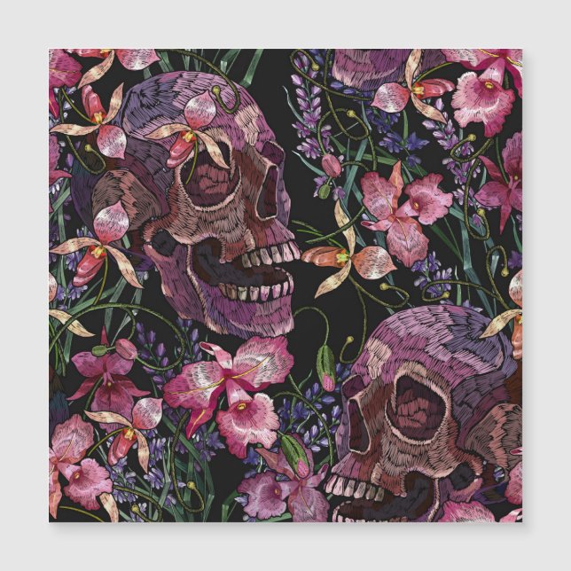 Crâne brodé : Motif gothique de l'orchidée (Devant)