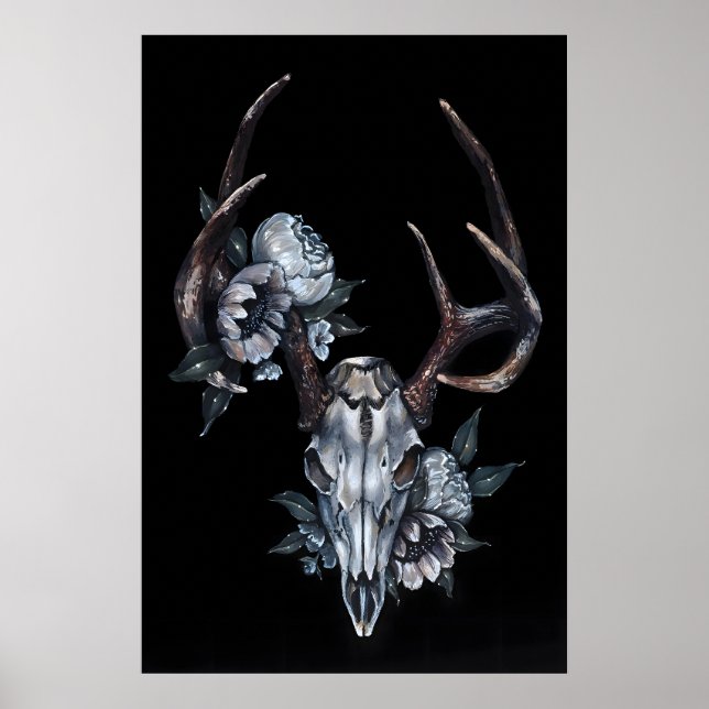 Crâne de cerf avec fleurs - Impression Giclee d'ap (Devant)