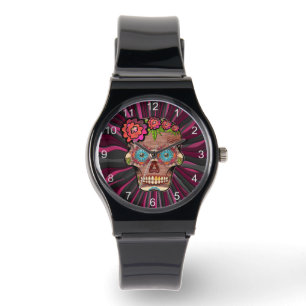 Crâne de sucre en bois sculpté avec montre à couro