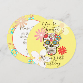 Crâne de sucre jaune, invitation florale hippy égl