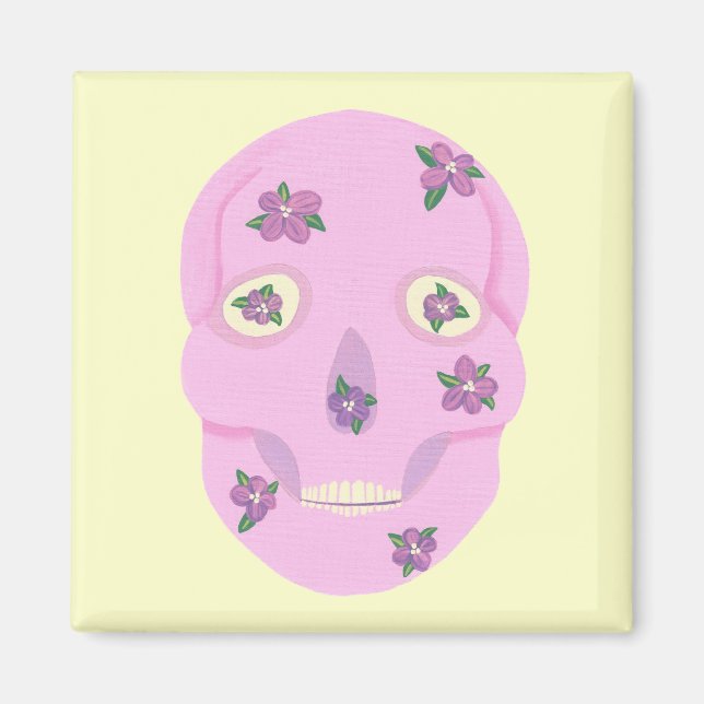 Crâne de sucre rose avec fleurs violettes Magnets (Devant)