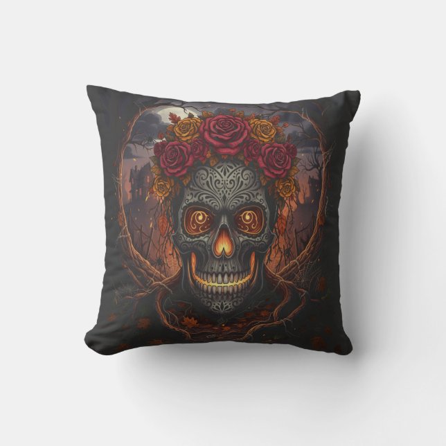 Crâne Día de los Muertos, oreiller à lancer gothiq (Recto)