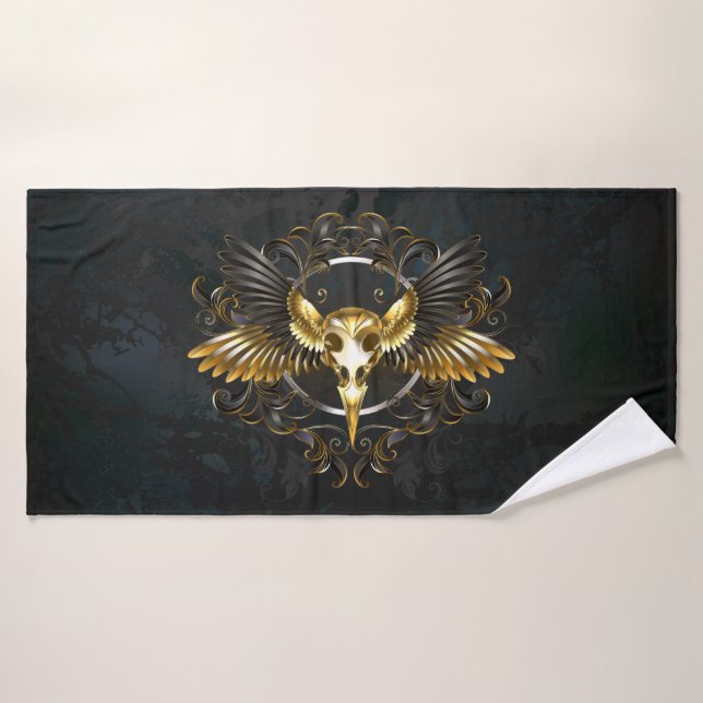 Crâne d'oiseau doré sur fond noir (Serviette de bain)