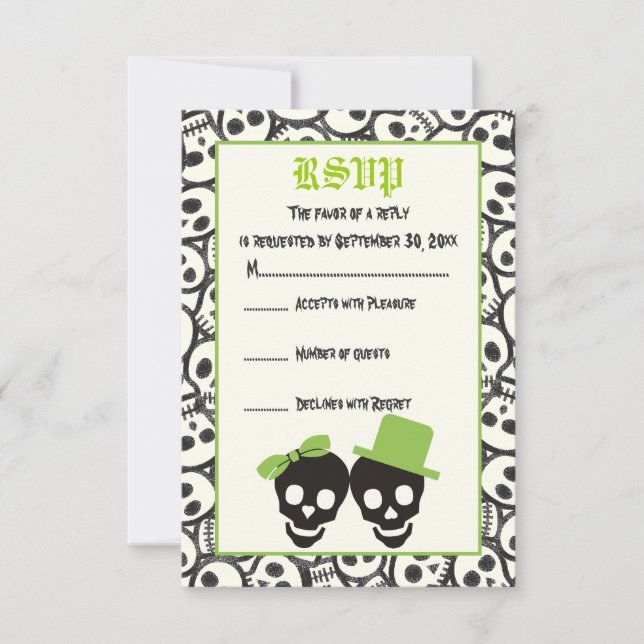 Crâne élégant Halloween mariage vert carte RSVP (Devant)
