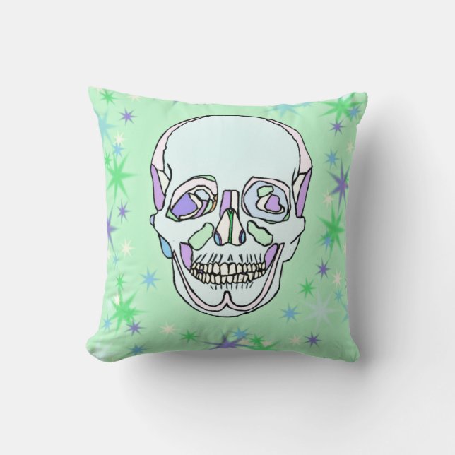 Crâne en pastel et coussin verts et pourpres (Recto)