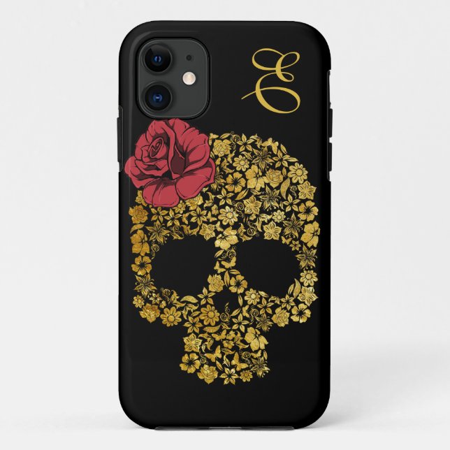Crâne floral d'or avec Rose| Coque iPhone 5 (Dos)