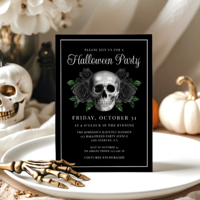 Crâne floral gothique noir Halloween Invitation (Black Gothic Floral Skull Halloween Invitation)