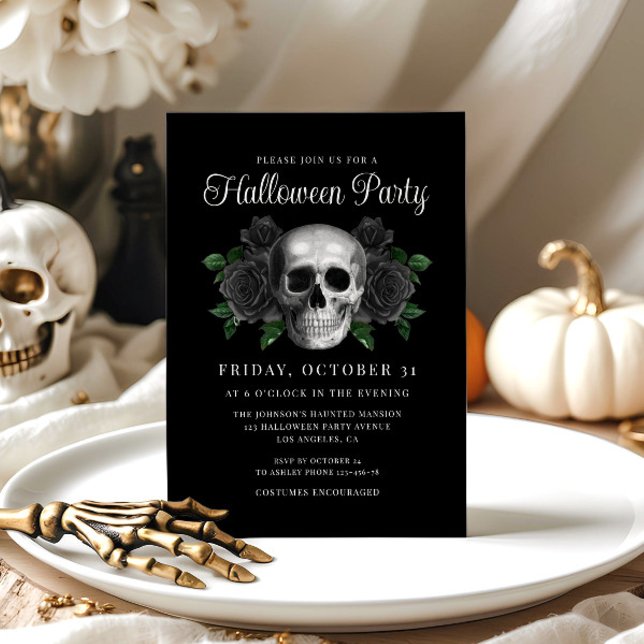 Crâne floral gothique noir Halloween Invitation (Black Gothic Floral Skull Halloween Invitation)