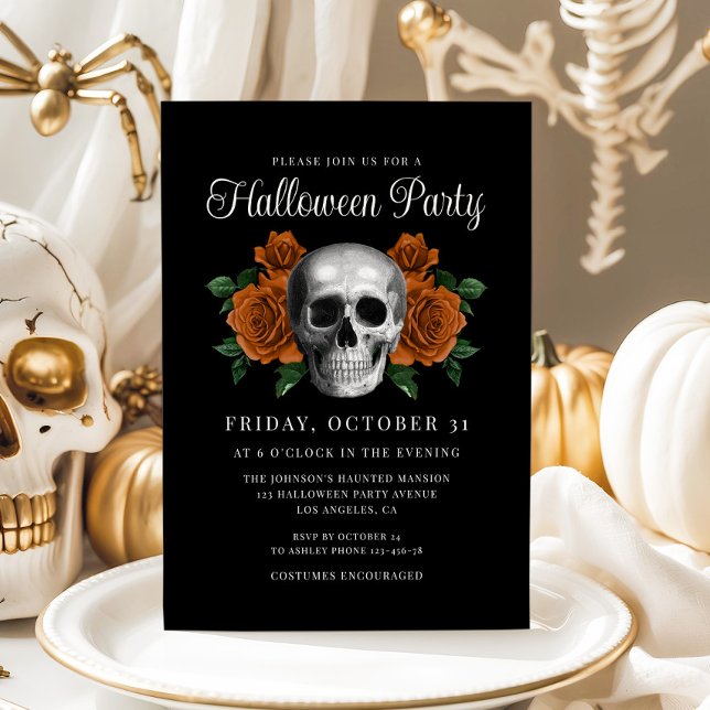Crâne floral gothique noir Halloween Invitation (Black Gothic Floral Skull Halloween Invitation)