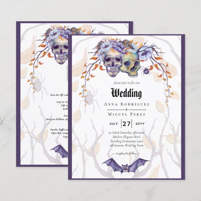 Crâne gothique Faire-part de mariage violet orange (Devant / Derrière)