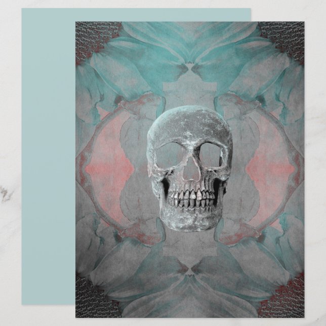 Crâne Gothique Floral Turquoise Gris rose Vintage  (Devant / Derrière)