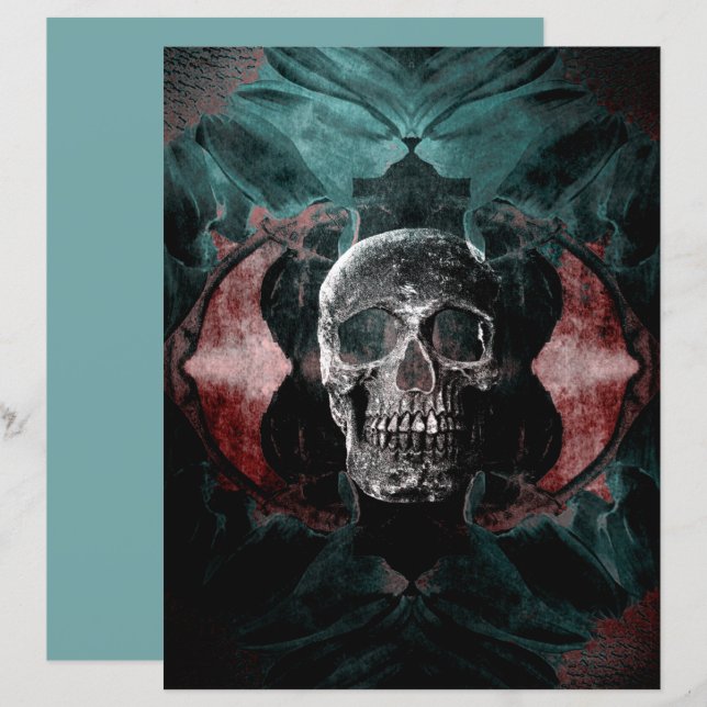 Crâne Gothique Floral Turquoise Noir Rouge Grunge  (Devant / Derrière)