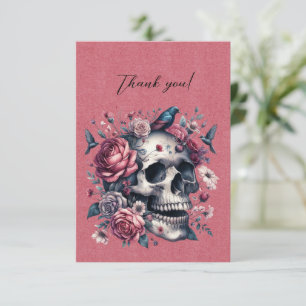 Crâne gothique Oiseaux Fleurs sur rose rouge Merci