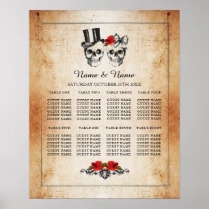 Crâne Rouge Rose Plan Mariage Poster 8 places