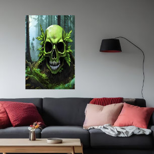 Crâne vert dans la forêt   AI Art Poster