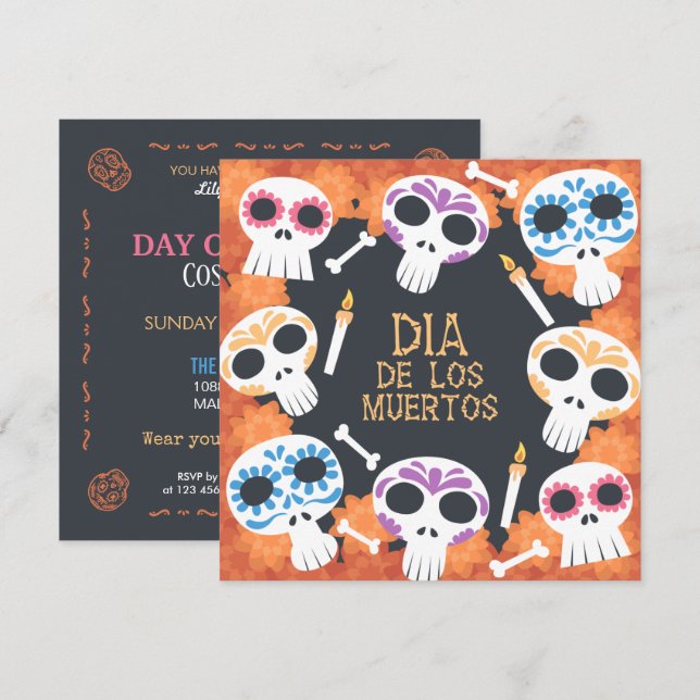 Crânes à sucre Dia de Muertos Invitation du Parti (Devant / Derrière)