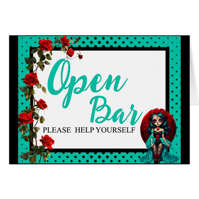 Crânes à sucre turquoise et rouge Roses Open Bar C (Devant Horizontal)