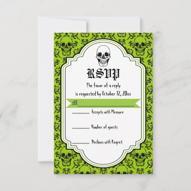 Crânes damask vert, noir mariage Halloween RSVP (Devant)