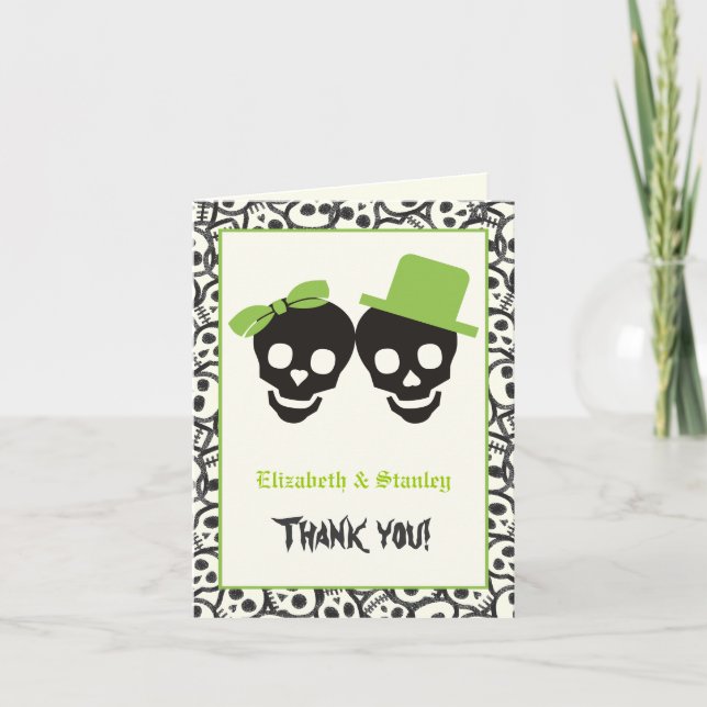 Crânes élégants Halloween mariage vert Merci (Devant)