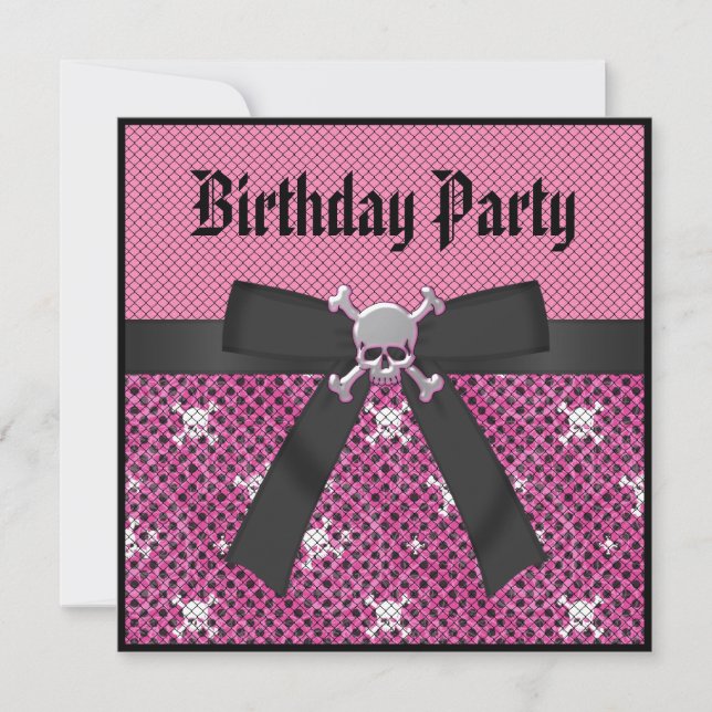 Crânes et Pois roses Invitations d'anniversaire (Devant)