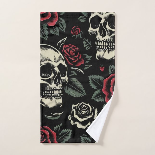 Crânes et roses rouges florale gothique  (Serviette à main)