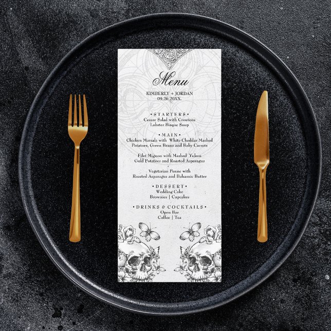 Crânes gothiques Mariage noir et blanc Moody Menu (Créateur téléchargé)