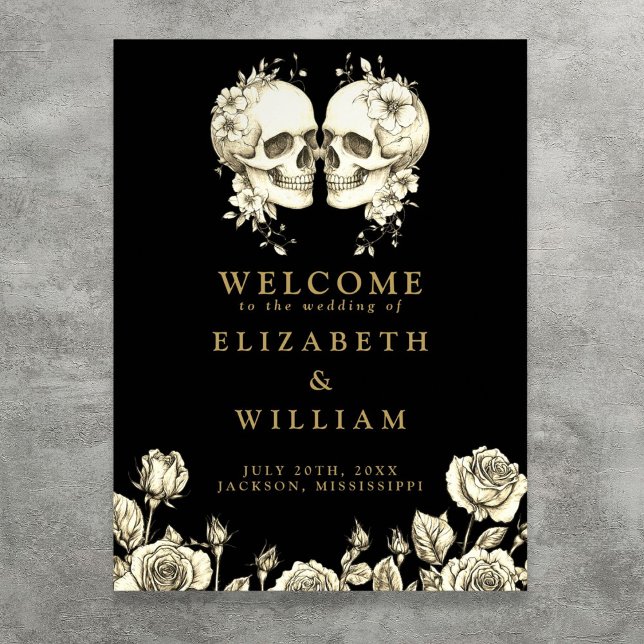 Crânes gothiques Noir Et Or Affiche de bienvenue M (Black And Gold Gothic Skulls Wedding Welcome Sign)