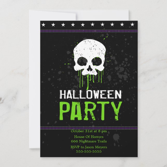 Crânes grungy Halloween Invitations de fête (Vert) (Devant)
