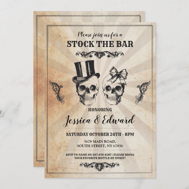 Crânes Stock Le Bar Halloween Invitation Vintage (Devant / Derrière)