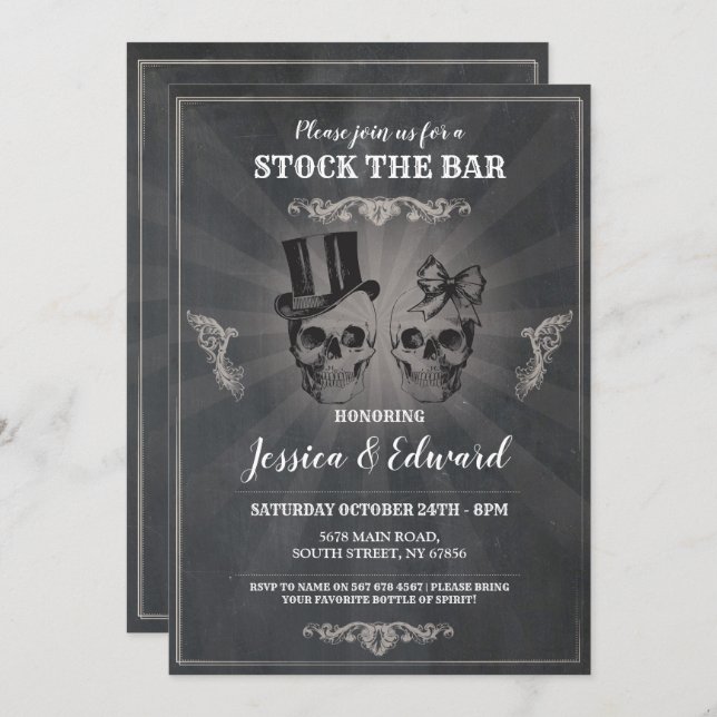 Crânes Stock Le Bar Invitation Craie Halloween (Devant / Derrière)