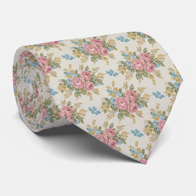 Cravate 1940s Retro Bouquet Floral Pattern (Roulé)
