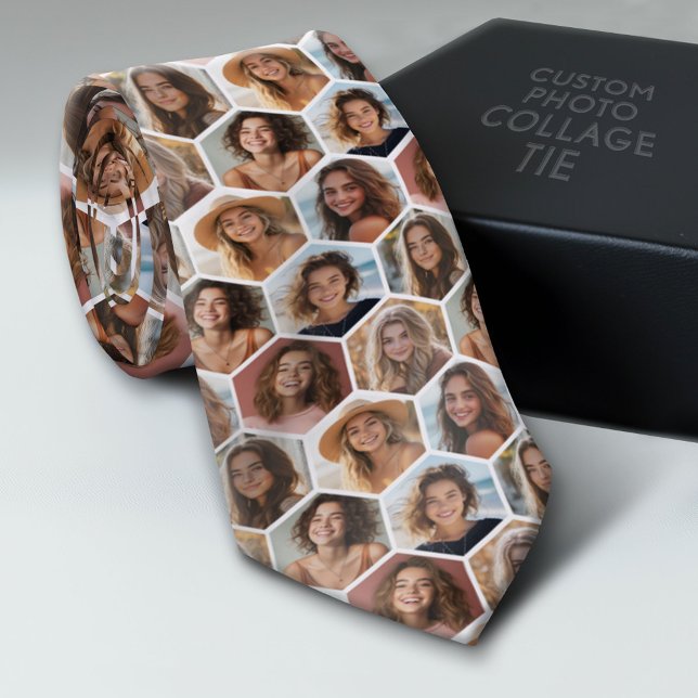 Cravate 7 Photo Collage - funky honeycomb motif - blanc (Custom Tie with a Photo Collage)