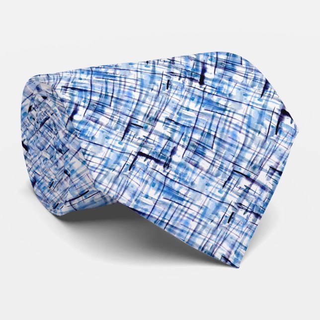 Cravate à damiers, tartan, plaid, classique, bleu, blanc (Roulé)