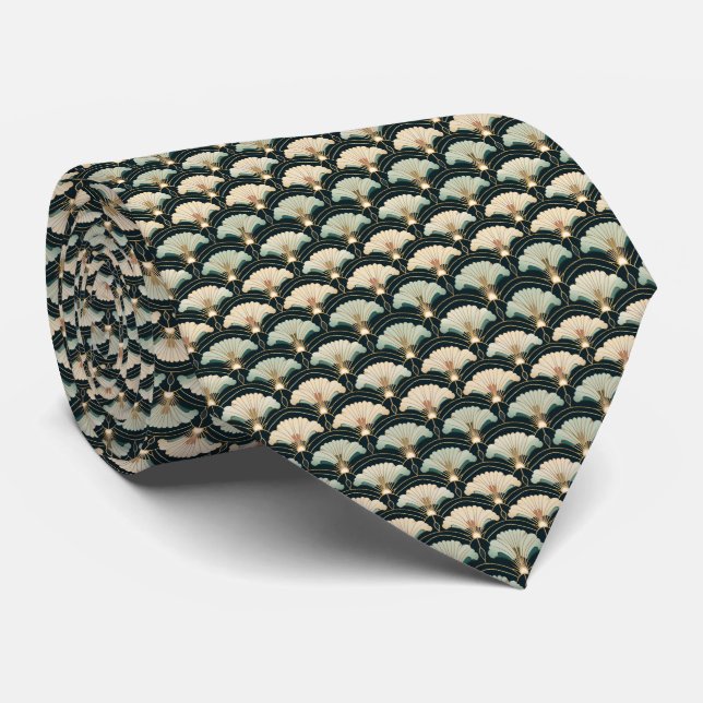 Cravate à motif éventail Art Déco crème et sarcell (Roulé)