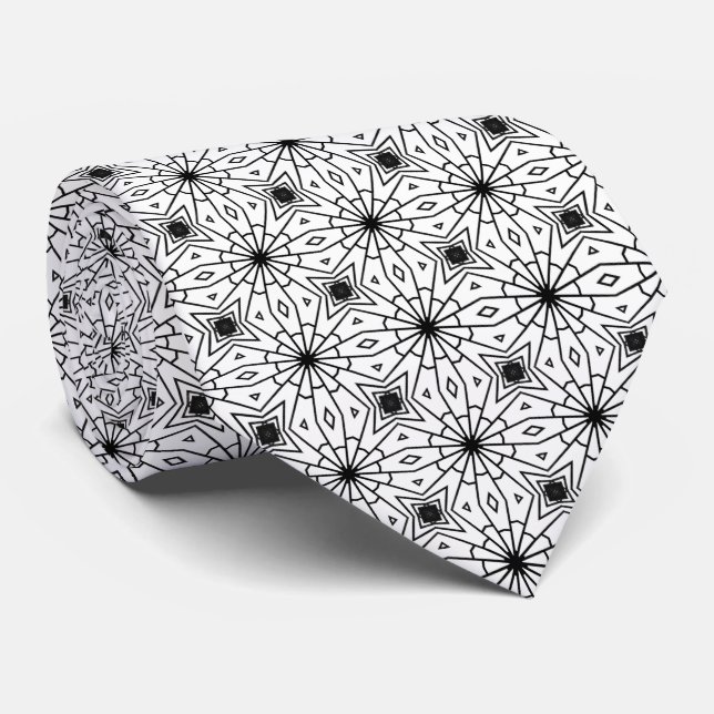 Cravate à motif géométrique étoilé noir et blanc é (Roulé)
