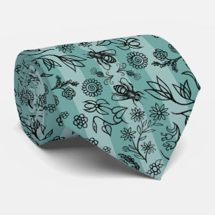Cravate Abeilles et fleurs motif floral vert sauge