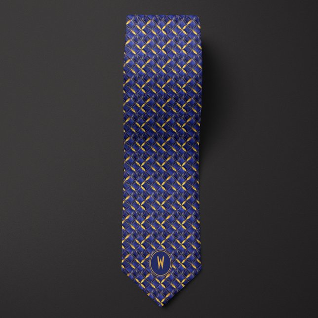 Cravate Abstrait Faux Quilted Bleu et Or (Créateur téléchargé)