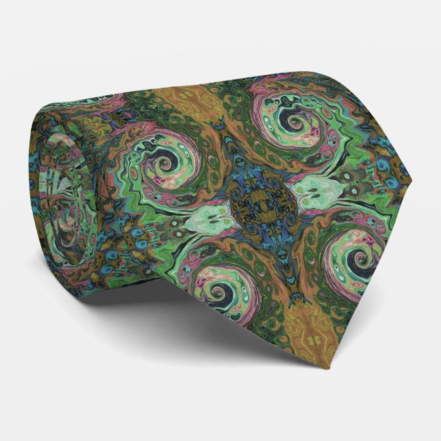 Cravate Abstrait Groovy Rétro Marron et Vert Tourbillon (Roulé)