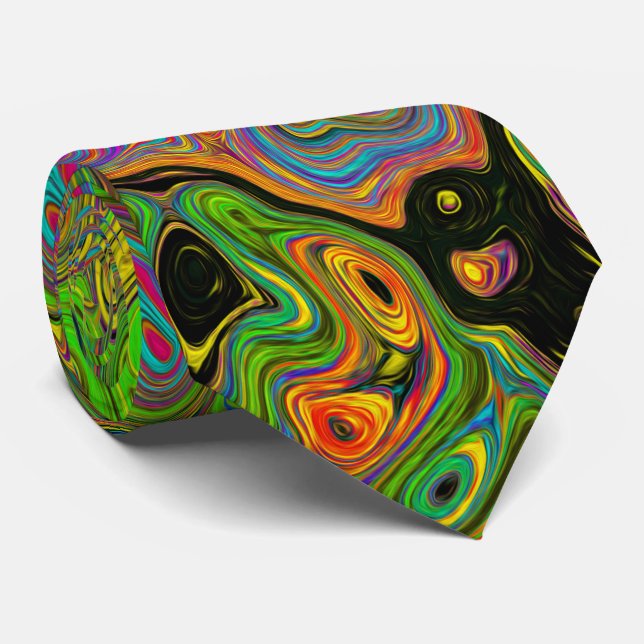 Cravate Abstrait Rétro Groovy Tourbillon Vert Citron et Bl (Roulé)