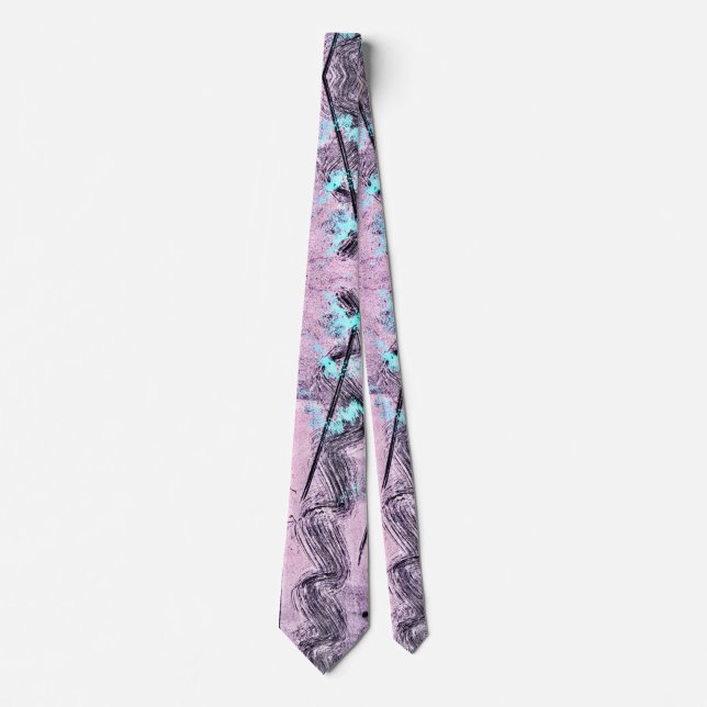 Cravate Abstraite rose, turquoise et noire (Devant)