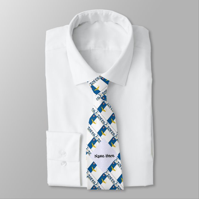 Cravate Açores et drapeau açoréen carrelés avec votre nom (Attaché)