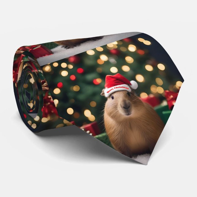 Cravate Adorable Noël Capybara, (Roulé)