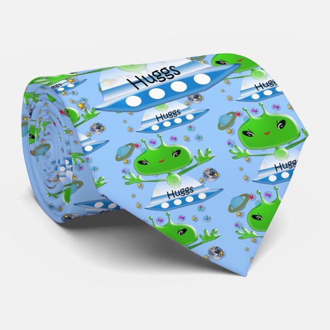 Cravate Adorables Aliens de l'Espace Vert avec un Vaisseau (Roulé)