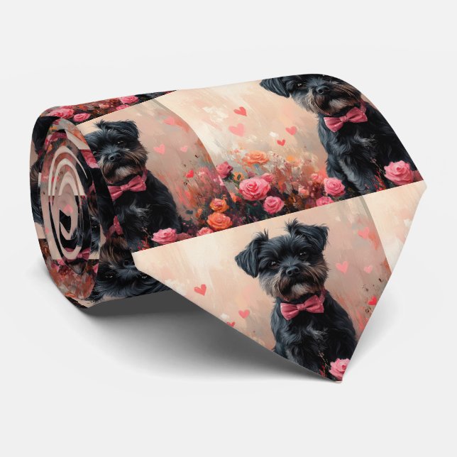 Cravate Affenpinscher avec Rose - Saint Valentin (Roulé)