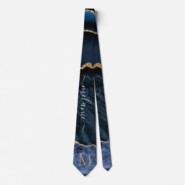 Cravate Agate Marine Blue Gold Gemstone Marble Nom du mono (Devant)