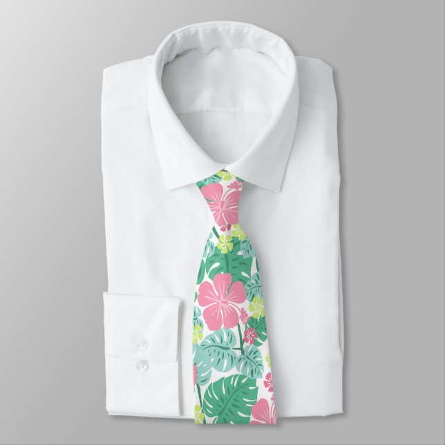 Cravate Ailani Hawaïen Hibiscus Tropical - Rose et Menthe (Attaché)